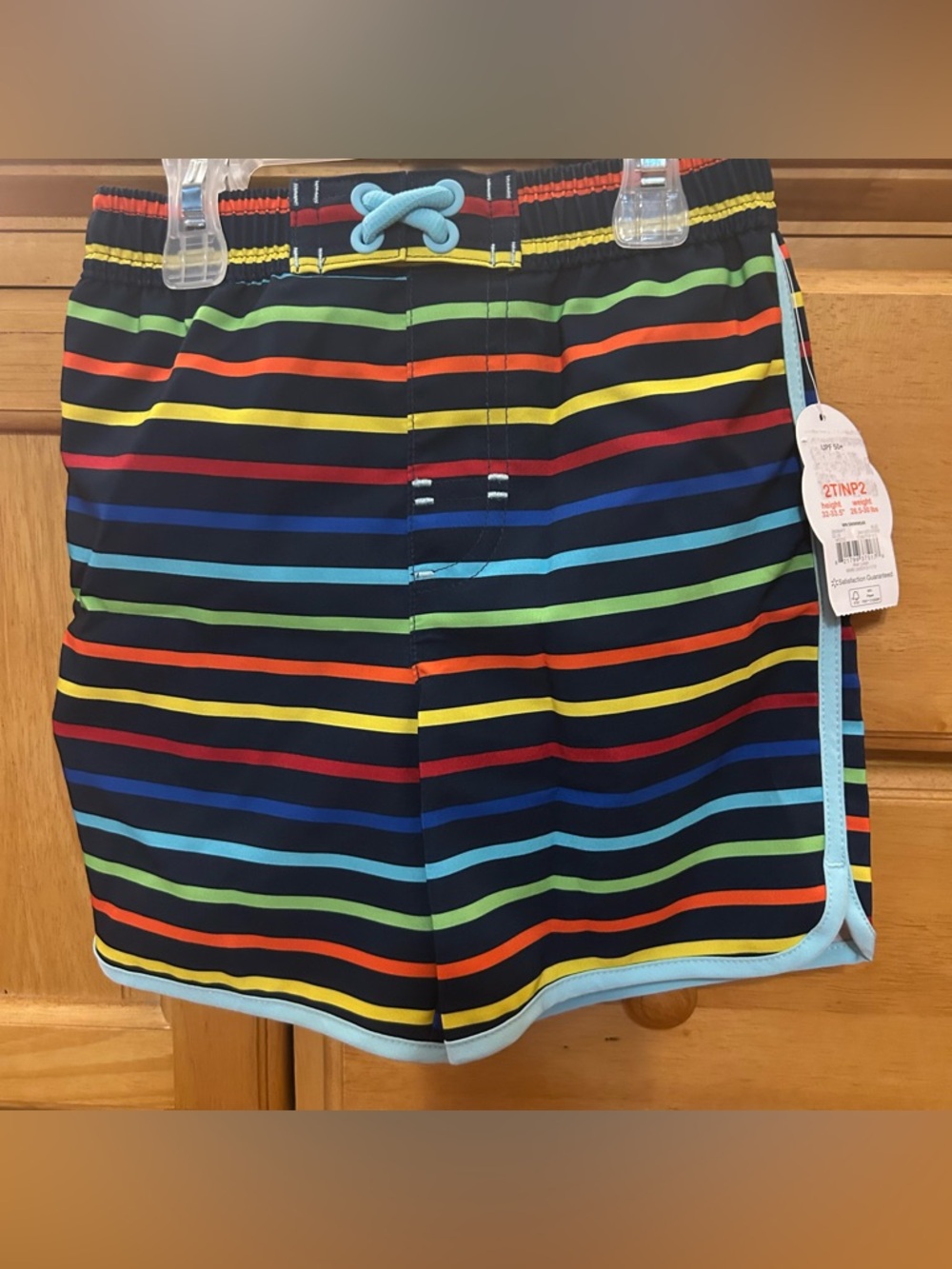 Wonder Nation Boy's Navy w/Multi-Color Striped Swim Trunks Size 2T New with Tags